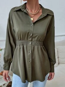 Drop Shoulder Shirred Waist Shirt - Army Green - View 3