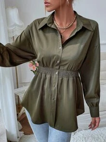 Drop Shoulder Shirred Waist Shirt - Army Green - View 5