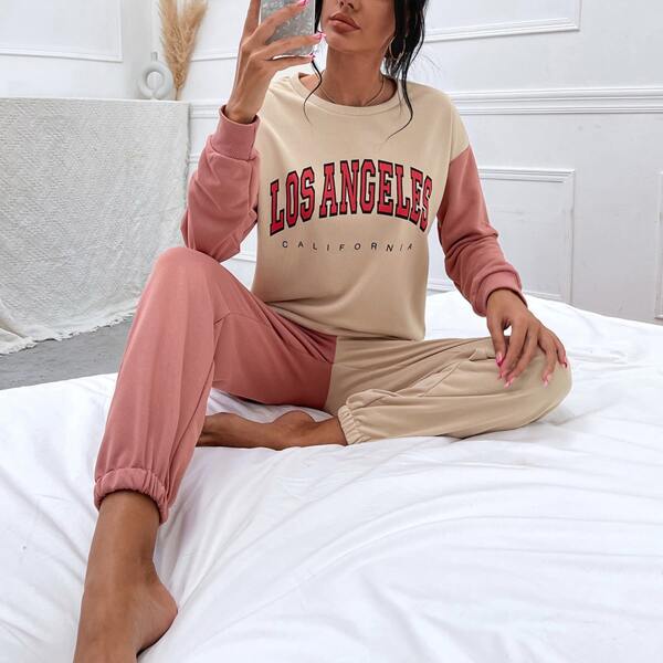 

Drop Shoulder Letter Graphic Pullover & Sweatpants, Multicolor