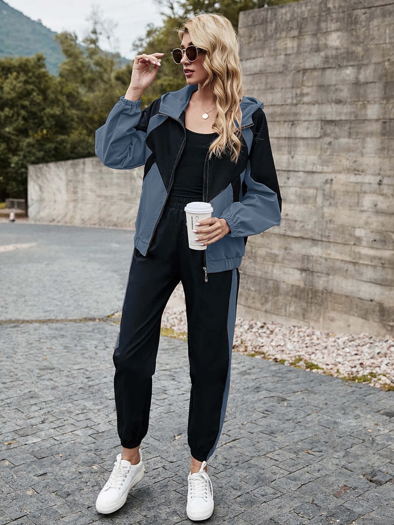 SHEIN LUNE Colorblock Hooded Zip Up Jacket & Sweatpants Set - Multicolor - View 1