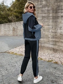 SHEIN LUNE Colorblock Hooded Zip Up Jacket & Sweatpants Set - Multicolor - View 2