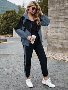 SHEIN LUNE Colorblock Hooded Zip Up Jacket & Sweatpants Set - Multicolor - View 3