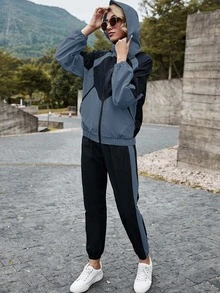 SHEIN LUNE Colorblock Hooded Zip Up Jacket & Sweatpants Set - Multicolor - View 4