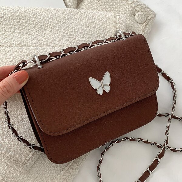 

Butterfly Decor Flap Square Bag, Coffee brown