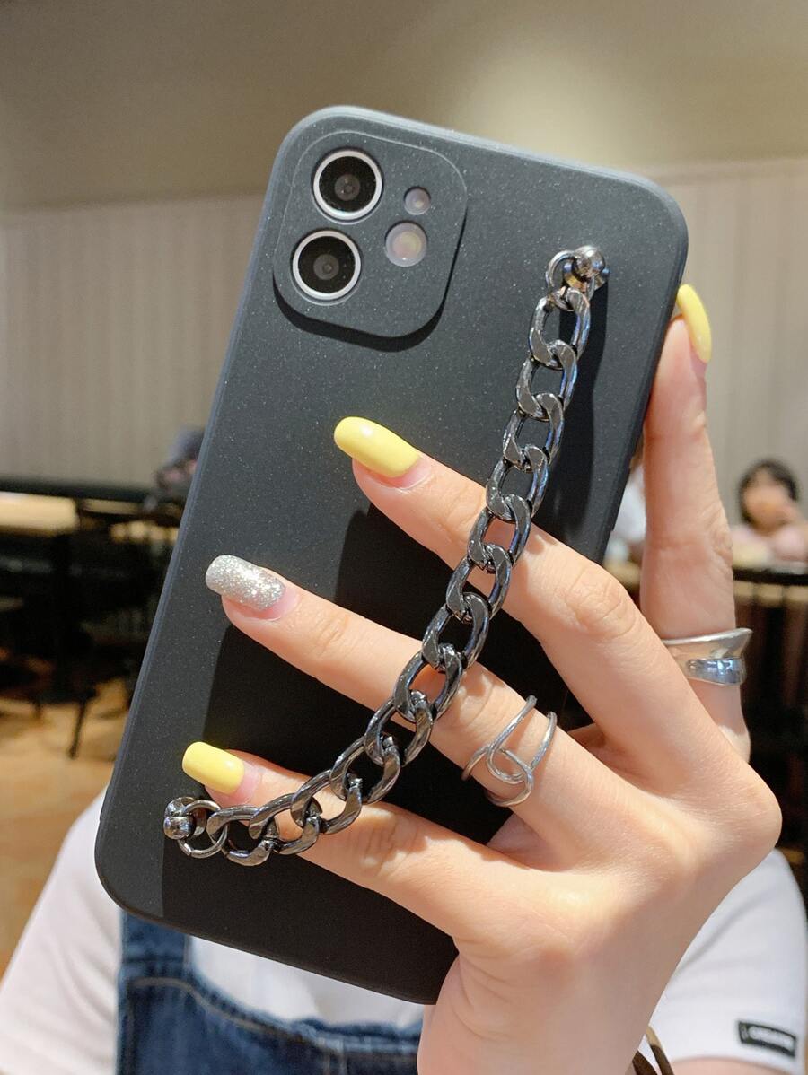 Solid Phone Case With Chain Hand Strap - Black - View 1