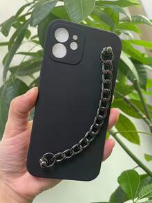 Solid Phone Case With Chain Hand Strap - Black - View 2