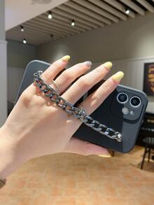 Solid Phone Case With Chain Hand Strap - Black - View 3