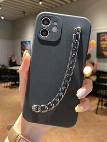 Solid Phone Case With Chain Hand Strap - Black - View 4