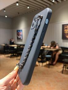 Solid Phone Case With Chain Hand Strap - Black - View 5