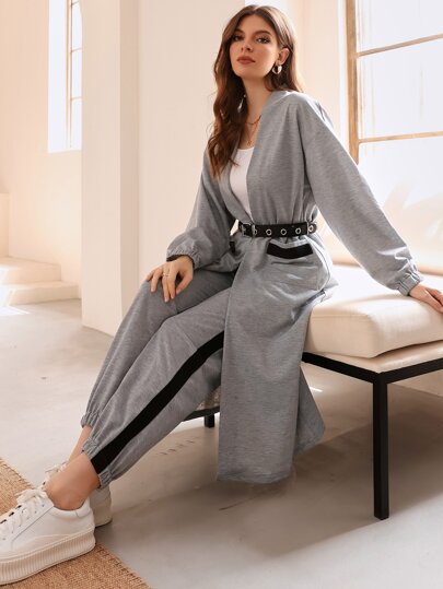 Mulvari Dual Pockets Front Open Front Coat & Sweatpants Without Belt