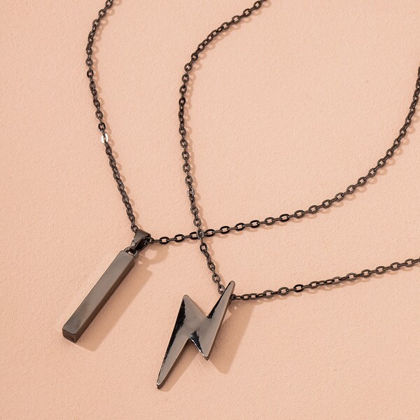 

2pcs Geometric & Lightning Charm Necklace, Gun black