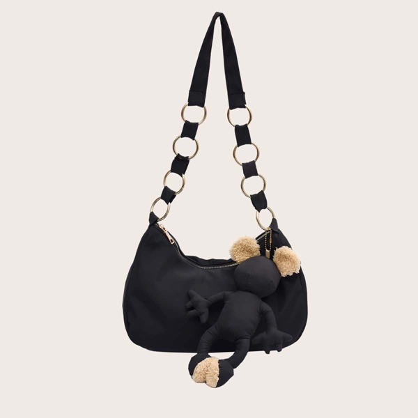

Minimalist Shoulder Bag With Cartoon Charm, Black