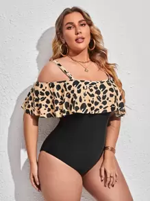 SHEIN Swim Curve Summer Beach Plus Graphic Print Ruffle Trim One Piece Swimsuit - Multicolor - View 3