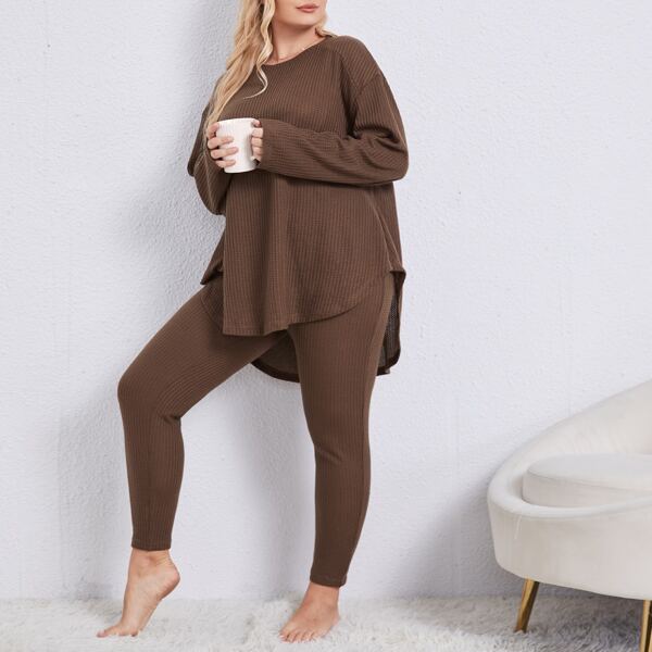 

Plus Waffle Knit Drop Shoulder High Low Hem PJ Set, Coffee brown
