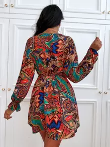 SHEIN Unity Allover Print Flounce Sleeve Knot Front Dress - Multicolor - View 2