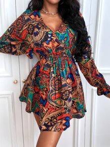 SHEIN Unity Allover Print Flounce Sleeve Knot Front Dress - Multicolor - View 3