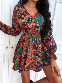 SHEIN Unity Allover Print Flounce Sleeve Knot Front Dress - Multicolor - View 4