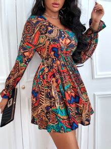 SHEIN Unity Allover Print Flounce Sleeve Knot Front Dress - Multicolor - View 5