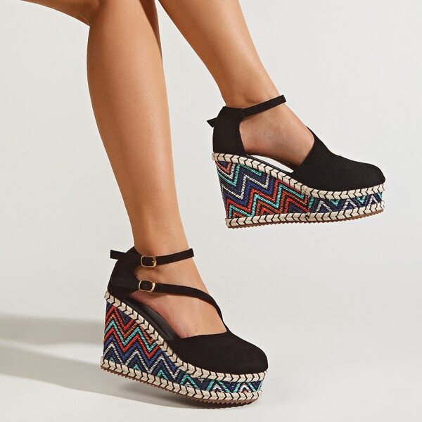 

Colorblock Ankle Strap Wedges, Black