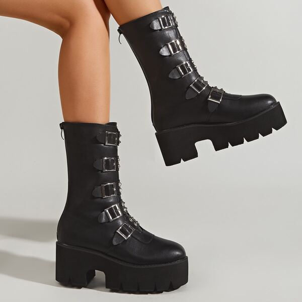 

Minimalist Buckle Platform Chunky Heeled Boots, Black