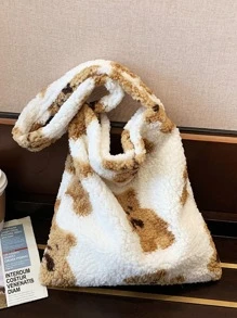 毛絨柔軟毛絨大容量卡通熊圖案蓬鬆單肩包女生女大學生菜鳥白領上班辦公通勤秋冬保暖戶外 - 白色 - 查看 4