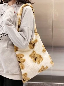 毛絨柔軟毛絨大容量卡通熊圖案蓬鬆單肩包女生女大學生菜鳥白領上班辦公通勤秋冬保暖戶外 - 白色 - 查看 5