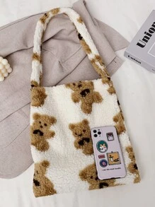 毛絨柔軟毛絨大容量卡通熊圖案蓬鬆單肩包女生女大學生菜鳥白領上班辦公通勤秋冬保暖戶外 - 白色 - 查看 6