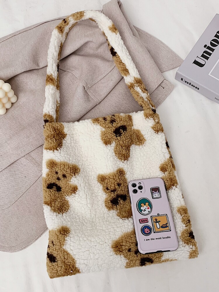 Túi đeo vai mềm mại, mềm mại, sang trọng, dung tích lớn hoạt hình họa tiết gấu dành cho nữ, phụ nữ, sinh viên đại học, tân binh và nhân viên văn phòng Đi làm, văn phòng, đi làm, cho mùa thu đông, mùa đông ấm áp, ngoài trời - trắng - Xem 6