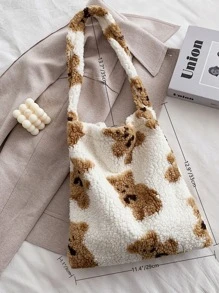 毛絨柔軟毛絨大容量卡通熊圖案蓬鬆單肩包女生女大學生菜鳥白領上班辦公通勤秋冬保暖戶外 - 白色 - 查看 7