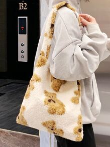 毛絨柔軟毛絨大容量卡通熊圖案蓬鬆單肩包女生女大學生菜鳥白領上班辦公通勤秋冬保暖戶外 - 白色 - 查看 8