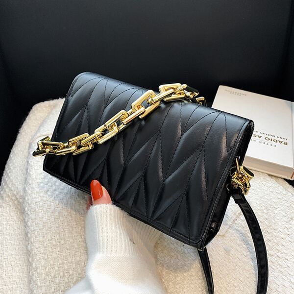 

Quilted Pattern Chain Flap Square Bag, Black