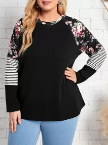 EMERY ROSE 大碼條紋圖案印花插肩袖T恤 - 黑色 - 查看 1