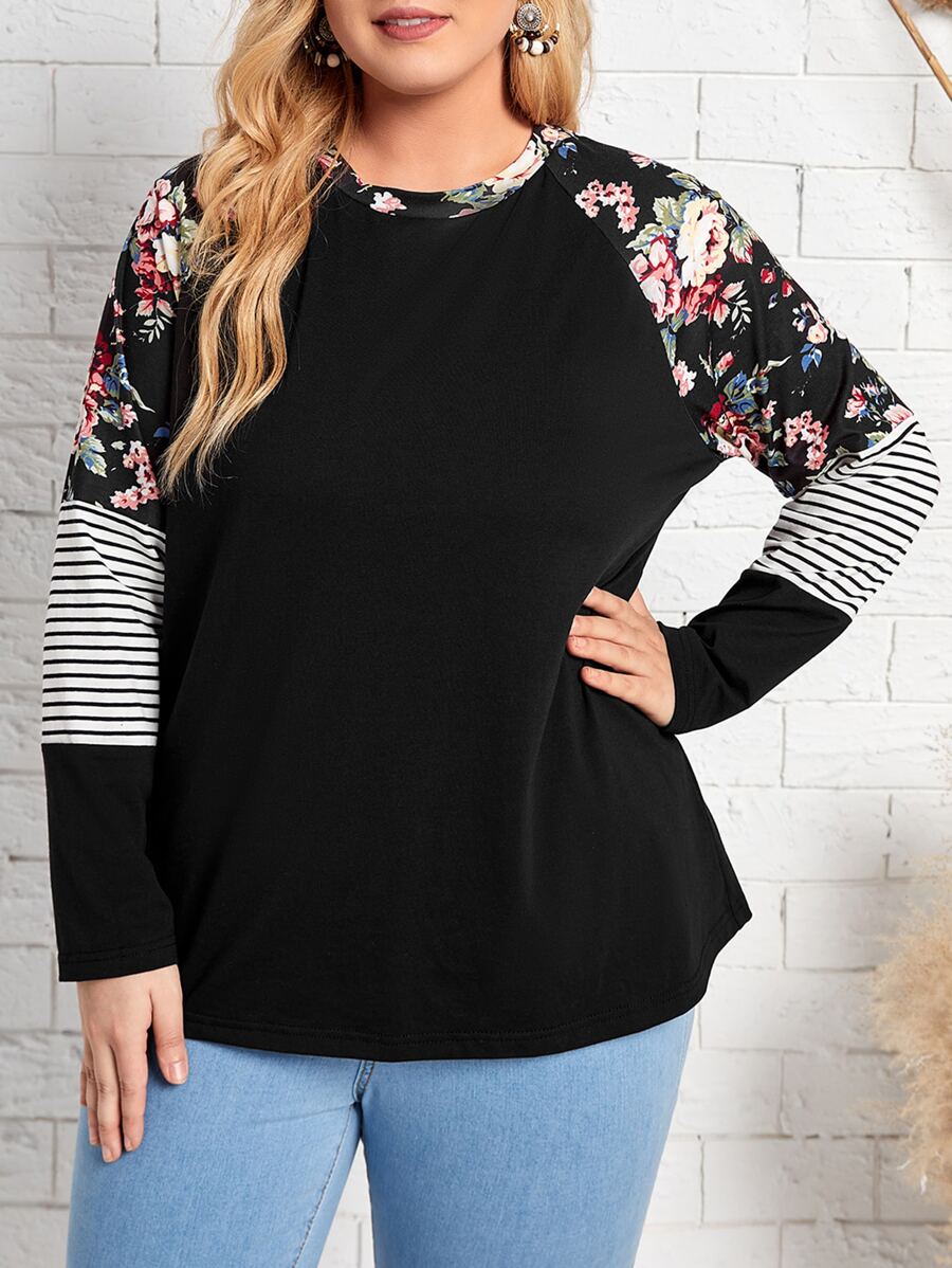 EMERY ROSE 大碼條紋圖案印花插肩袖T恤 - 黑色 - 查看 1