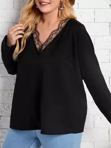 SHEIN Plus Solid Lace Trim V Neck Top - Black - View 1
