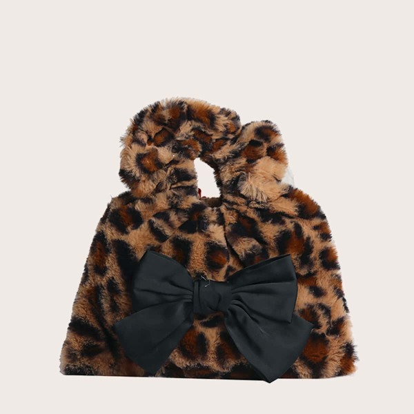 

Fluffy Leopard Bow Decor Square Bag, Brown