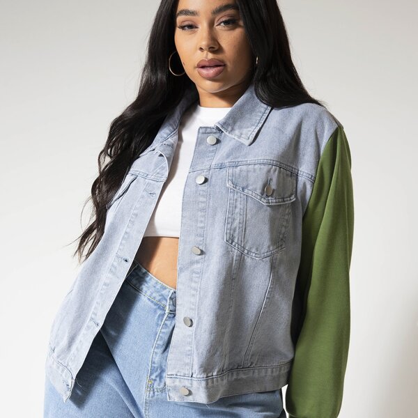 

Plus Colorblock Button Front Denim Jacket, Blue