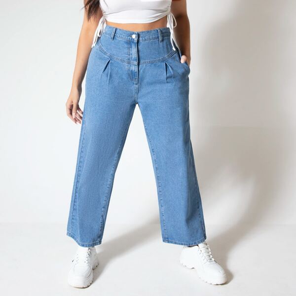 

Plus High Waist Fold Pleated Jeans, Light wash