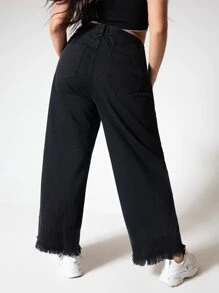 SHEIN SXY Quần Denim kích thước lớn Túi Denim màu gốc màu trơn - màu đen - Xem 2