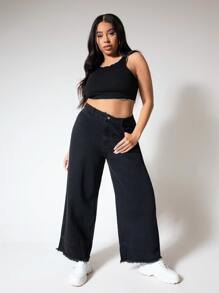 SHEIN SXY Quần Denim kích thước lớn Túi Denim màu gốc màu trơn - màu đen - Xem 4