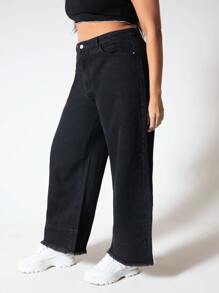 SHEIN SXY Quần Denim kích thước lớn Túi Denim màu gốc màu trơn - màu đen - Xem 5