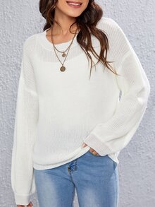 素色落肩袖不附吊帶上衣套頭毛衣 - 米色 - 查看 3