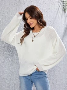 素色落肩袖不附吊帶上衣套頭毛衣 - 米色 - 查看 5