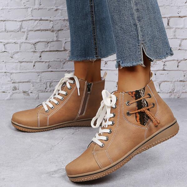 

String Decor Side Lace-up Boots, Brown