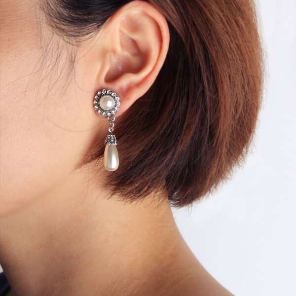 

Faux Pearl & Rhinestone Decor Drop Earrings, Silver