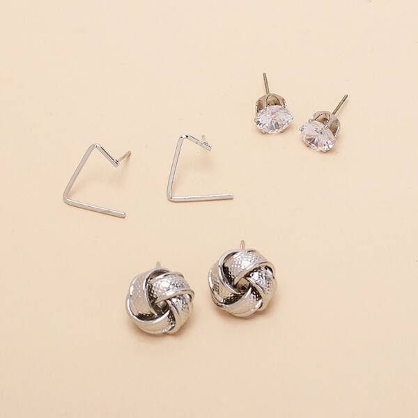 

3pairs Rhinestone Decor Stud Earrings, Silver