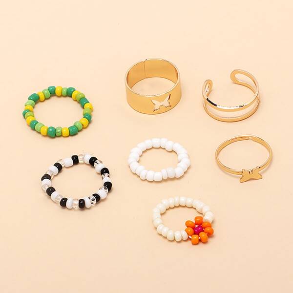 

7pcs Flower & Butterfly Decor Ring, Multicolor