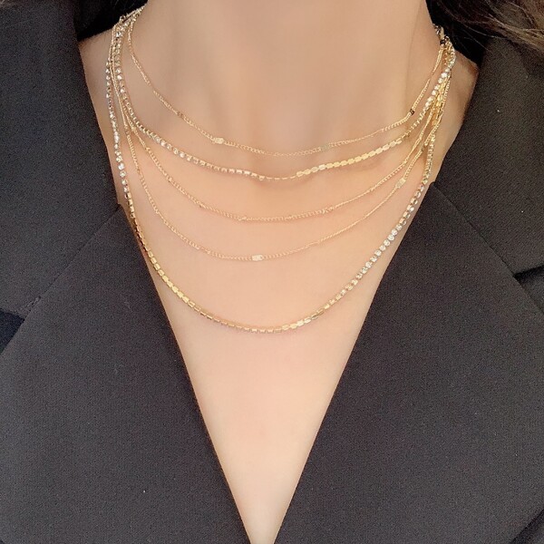 

Rhinestone Decor Layered Necklace, Gold