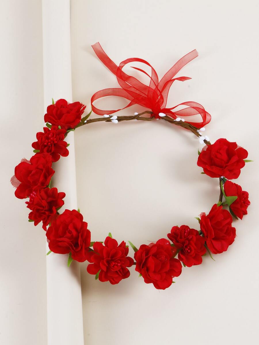 1 pieza Diadema con flor roja para mujeres, para fiesta, reuniones, boda, festivales, uso bohemio, Día de San Valentín, accesorios para el cabello, corona de flores, guirnalda para el cabello - Multicolor - Ver 1