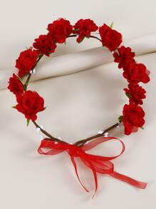 1 pieza Diadema con flor roja para mujeres, para fiesta, reuniones, boda, festivales, uso bohemio, Día de San Valentín, accesorios para el cabello, corona de flores, guirnalda para el cabello - Multicolor - Ver 2