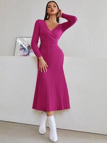 Modelyn Ladies áo len váy Xếp li Trọn gói màu trơn Thanh lịch - Màu Hoa hồng đỏ - Xem 5